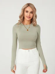 Women Long Sleeve T-shirt Fashion Crew Neck Solid Color Slim Fit Basic Crop Top with Thumb Holes E-Girl Yoga Work out Blouse