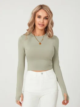 T-shirt à manches longues pour femmes, col rond, couleur unie, coupe cintrée, haut court basique avec trous pour les pouces, chemisier d'entraînement de Yoga e-girl