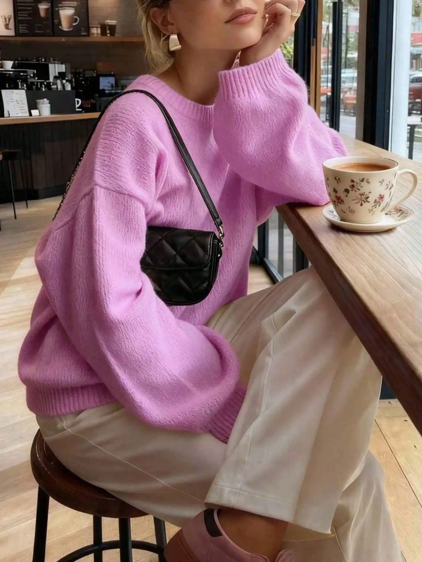 

Pink Round Neck Long Sleeve Knitted Pullover Sweater for Women, Loose Fit, Autumn Winter Fashion