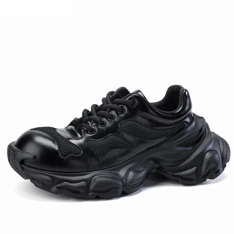 

Mesh Leather Breathable Casual Sneakers Shoes for Men's Thick Soled Height Increasing Shoes Lightweight Comfortable Daddy Shoes