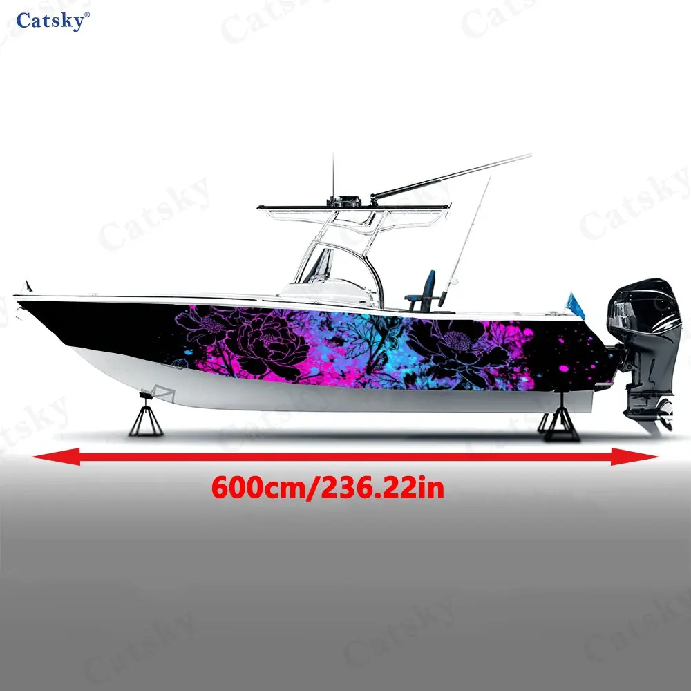 2Pcs Cyber Peony Boat Stickers, PVC Waterproof Durable Vinyl Wrap Decals for Fishing Boats, Durable and Stylish Design