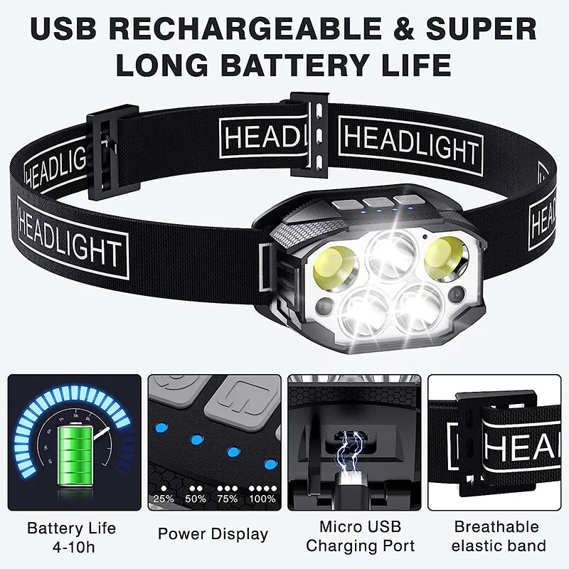 

LED Headlamp Fishing Ultra Long Endurance Flashlight Induction Torch Camping Running Night Light Headlight