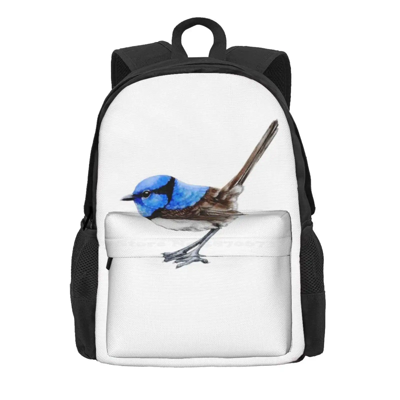 Little Wren On White Hot Sale Schoolbag Backpack Fashion Bags Blue Wren Australian Native Bird Fairy Wren Blue Feathers Winged