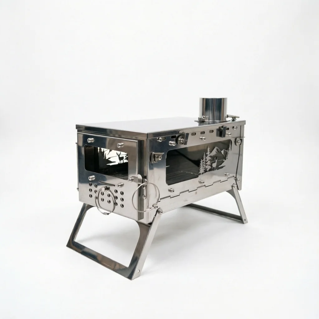 Portable Folding Stainless Steel Wood Stove with Window Grille Design, for Outdoor Camping, Tent Heating & Barbecue
