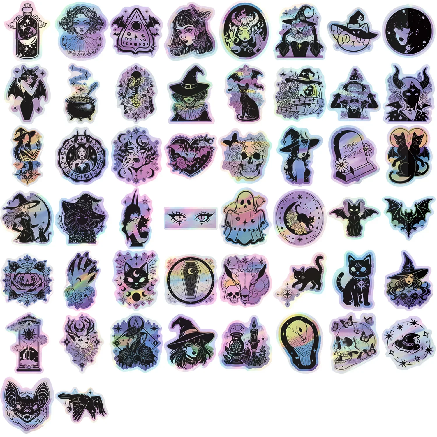 50/100PCS Holographic Halloween Witch Black Cat Stickers, Waterproof Moon Graffiti Decals for Laptop Luggage Guitar Car Bike DIY