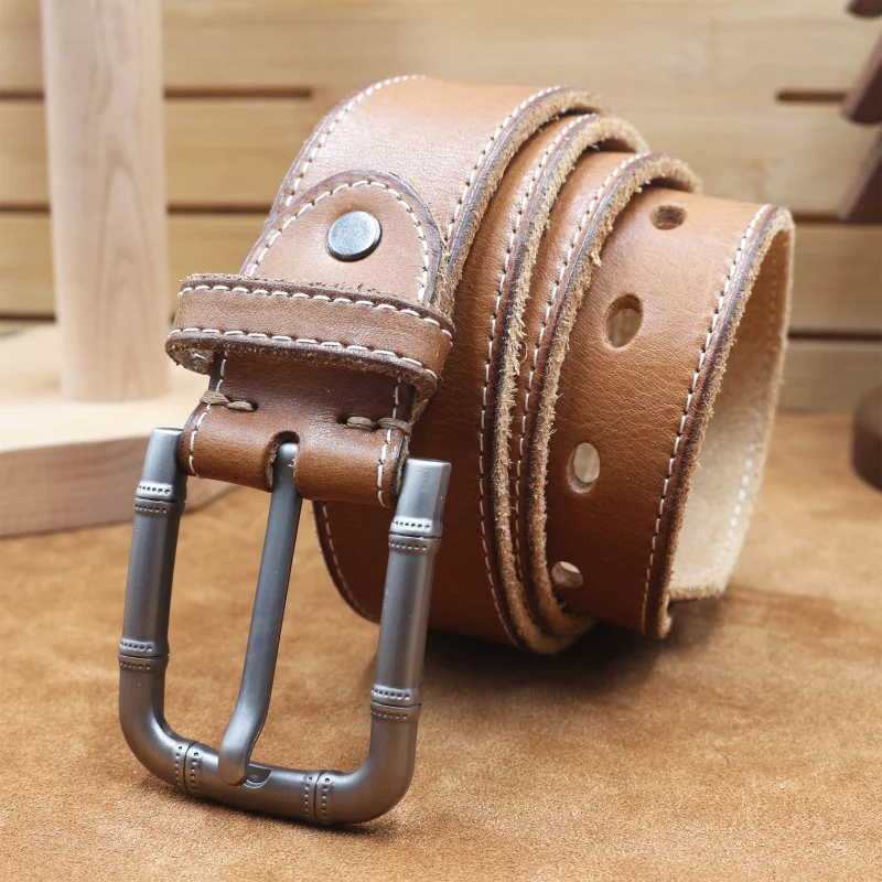 Western Retro Car line Design Leather Bamboo Joint Pattern Pin Buckle Men Belt Fashion Jeans Causal Pants Belt for Mens