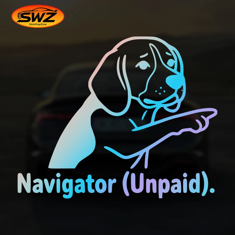 

Funny Beagle Dog Car Sticker "Navigator (Unpaid)" Pointing Pet Co-pilot Vinyl Decal Backseat Driver Humor Bumper