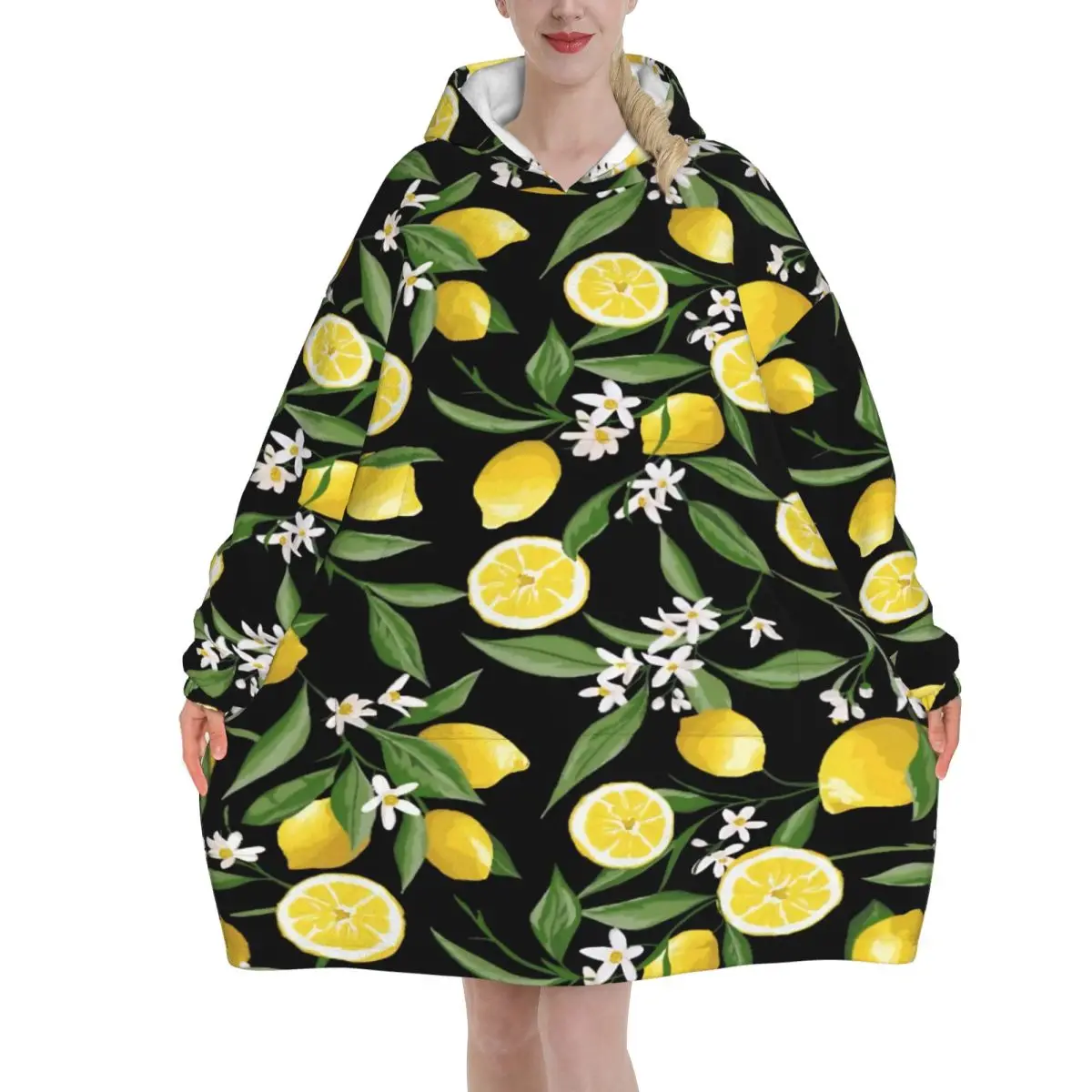 Lemon Sicily Rectangle Oversized Blanket Hoodie Sweatshirt Long Fleece Hooded Wearable Blanket with Large Pocket for Women Men