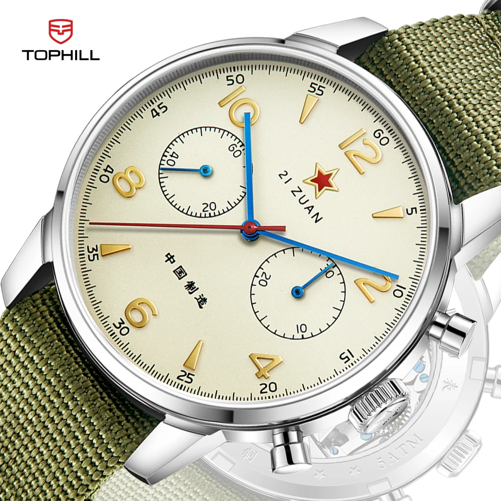 TOPHILL 40mm China Aviation ST1901 Chronograph With Seagull Movement 1963 Mechanical Watches For Men Sapphire Mirror Watch Pilot