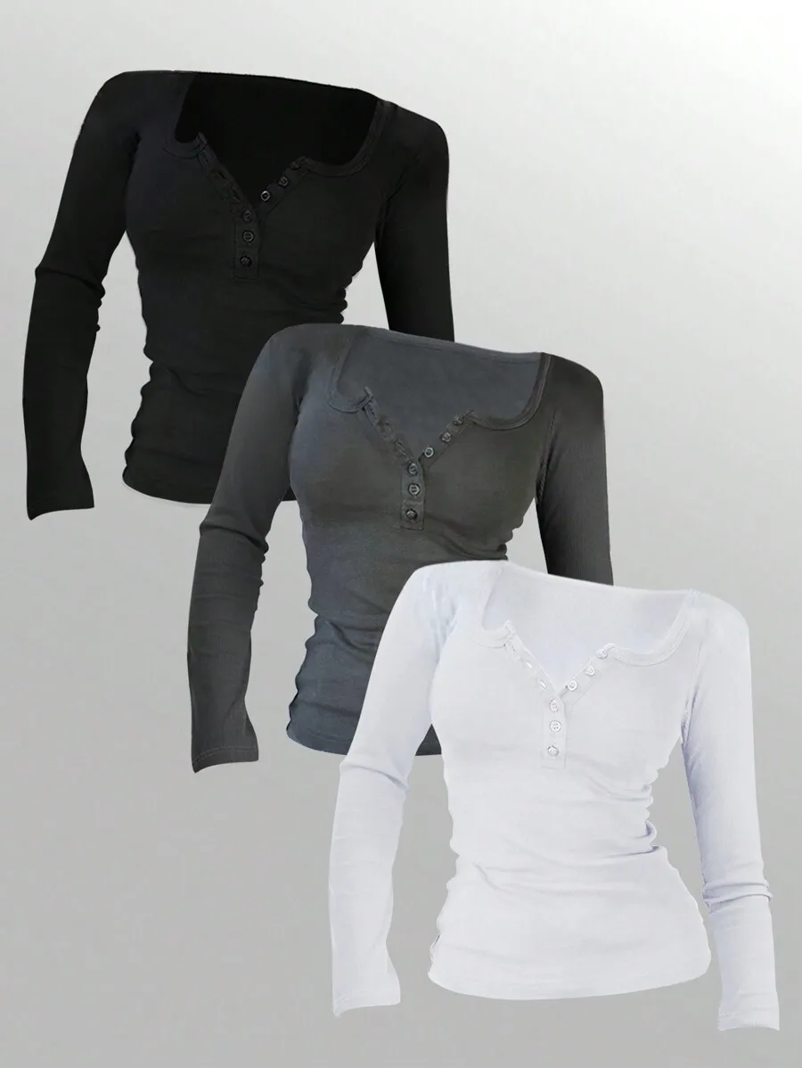 

Женский однотонный приталенный топ с длинными рукавами и пуговицами