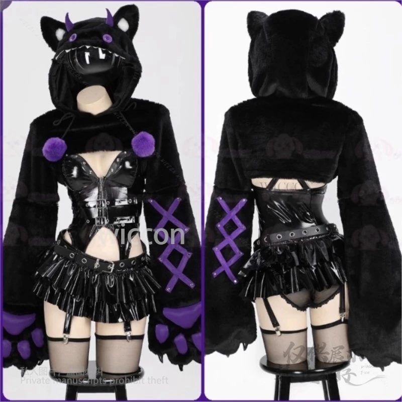 Anime Duivel Knop Kat Leuke Schattige PU Leer Y2k Zwarte Jurk Pruiken Jirai Kei Stijl Rollenspel Cool Sexy Cosplay Kostuum Vrouwen