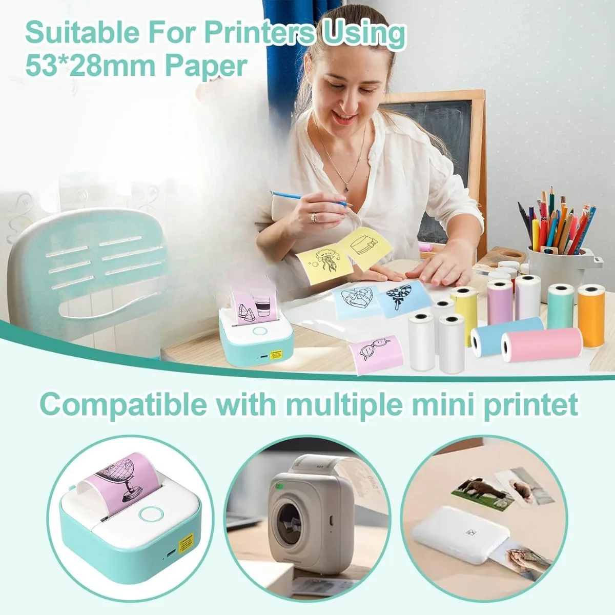 53mm Thermal Paper Roll - Compatible with T02/M02 Mini Printers, POS Receipts, Shipping Labels, Office/Home Use