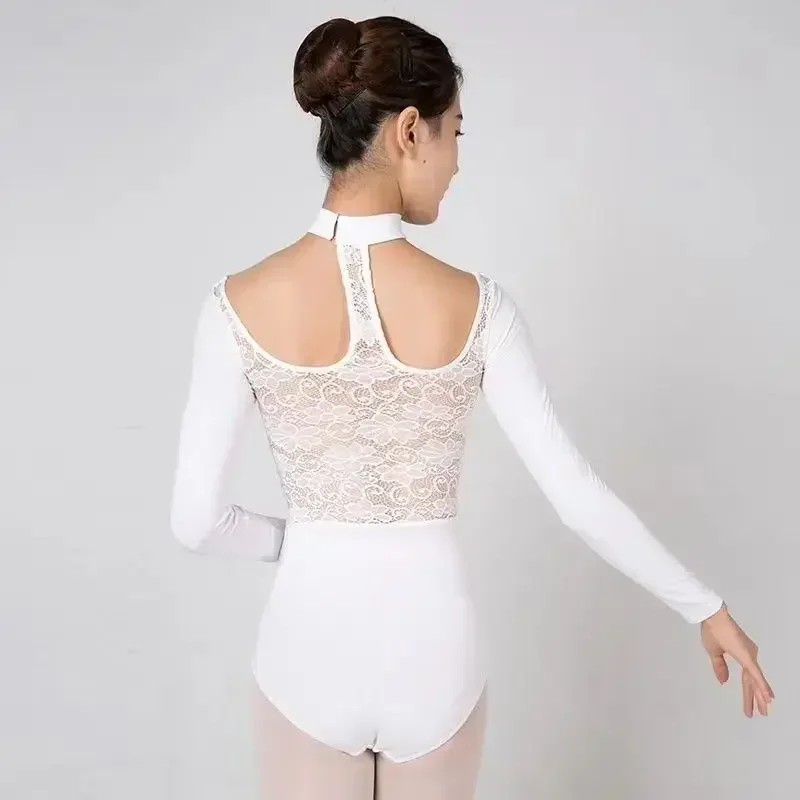 Collant de balé para mulheres, roupa de dança vazada com gola alta, roupas de bailarina adulta, manga longa, traje de banho