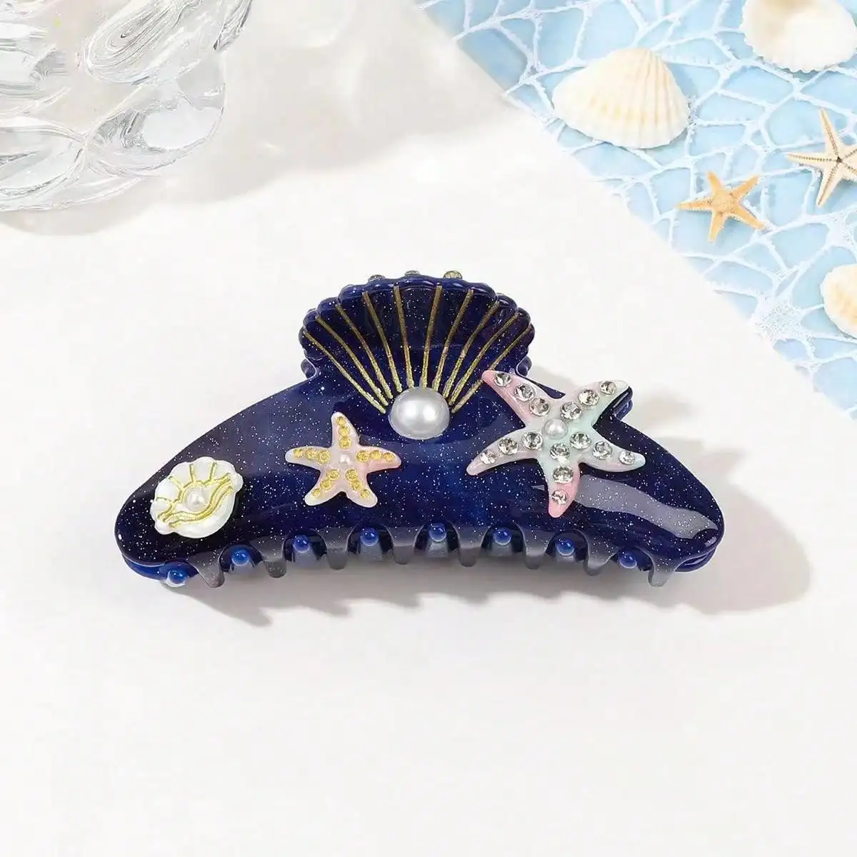 1pc ocean style hair clip with rhinestones and imitation pearls - Bohemian sweet oval hair clip,