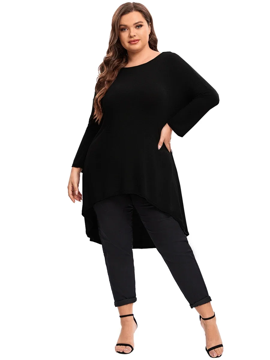 Plus Size Long Sleeve Elegant Spring Autumn Blouse Women Long Hi Low Fit Flare Swing Tops Large Size Loose Tunic 5XL 6XL 7XL 8XL