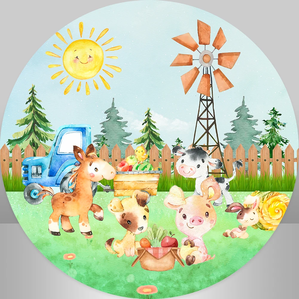 Blue Barn House Arch Wall Animals Truck Farm Round Circle Backdrop Cover Boy Birthday Background Cake Table Cow Plinth Covers