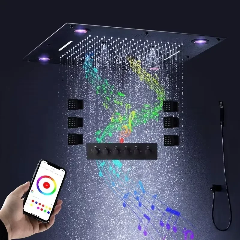Bathroom Faucets Accessories Music Rain Shower Jets System Matt Black Square Rainfall Shower Head Bath Rooms Duchas
