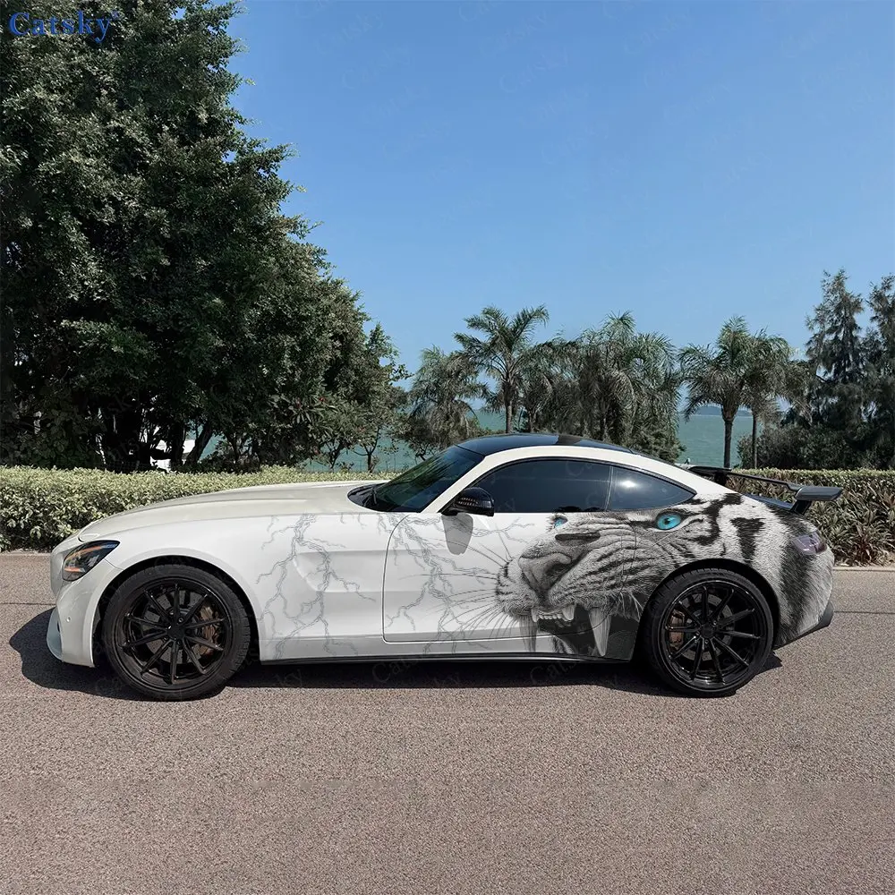 2pcs Tiger with Lightning Car Side Wraps, Self-Adhesive PVC Waterproof & Scratch-Resistant Stickers, Car Accessory Gift
