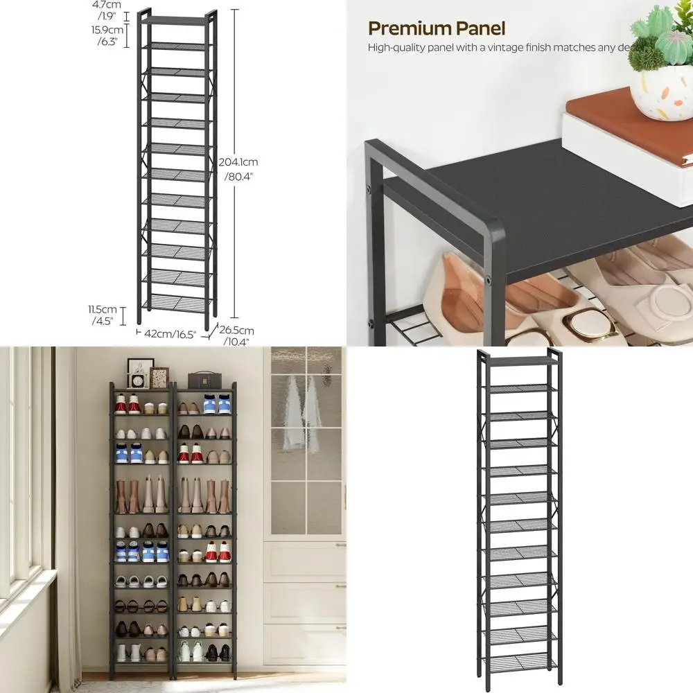 

12-Tier Slim Shoe Storage Organizer, Tall Rack for 12-24 Pairs, Wooden Top, Space-Saving Metal, Ideal for Entryway, Black