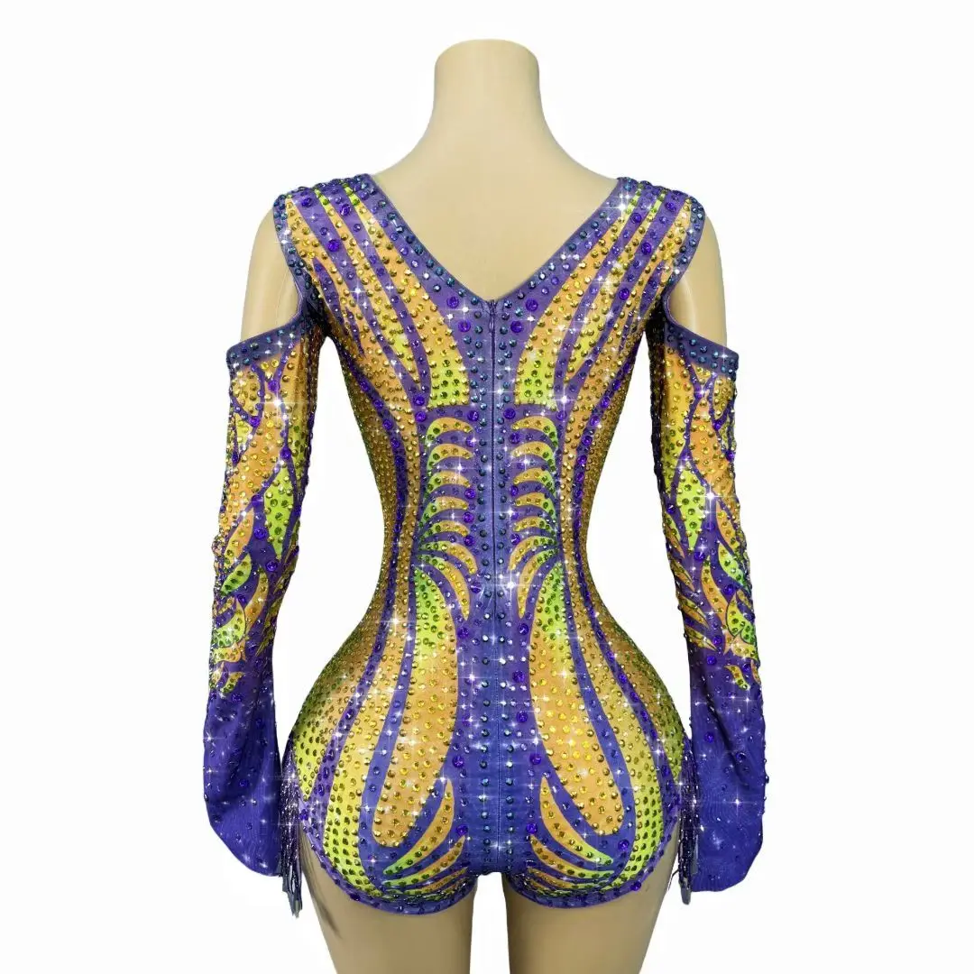 Jinju Tuta da donna con frange di strass colorati lucidi Sexy scollo a V al largo della spalla Costume da spettacolo teatrale per ballerino da bar da discoteca