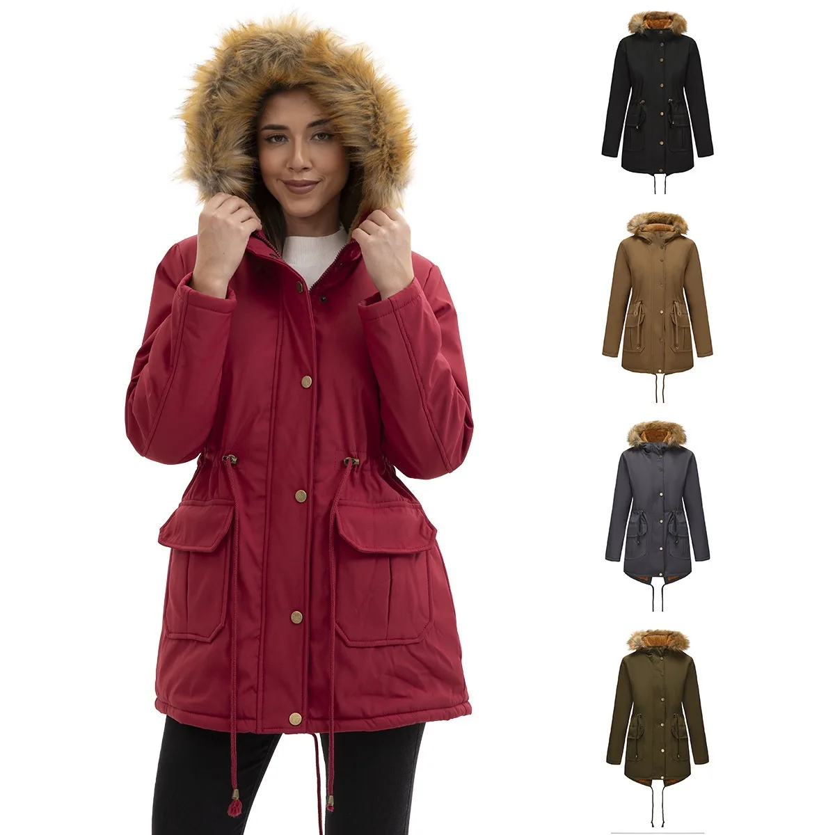 

New Autumn And Winter Velvet Pie Overcomes Hooded With Fur Collar Waist Medium And Long Thickened Cotton-padded Women's Coat