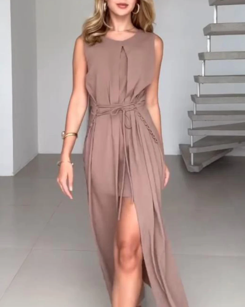 

Women Dresses Summer Women's Wear Fashion Sleeveless Tied Detail Mini Dress Female Casual High Waist Lace Up Dress