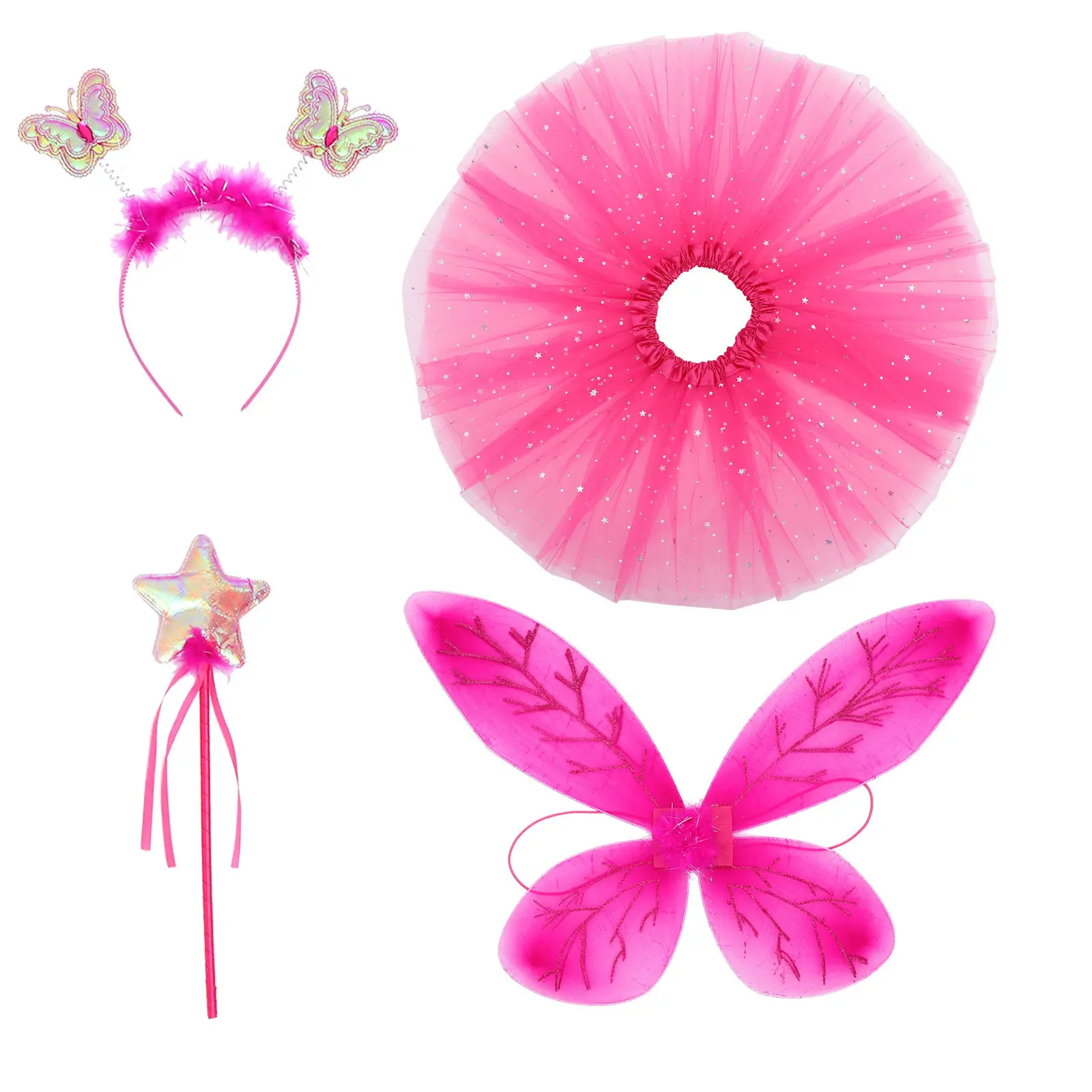 Butterfly Fairy Wings Cosplay Costume Set for Girls with Skirt, Headband, Wand & Adjustable Straps