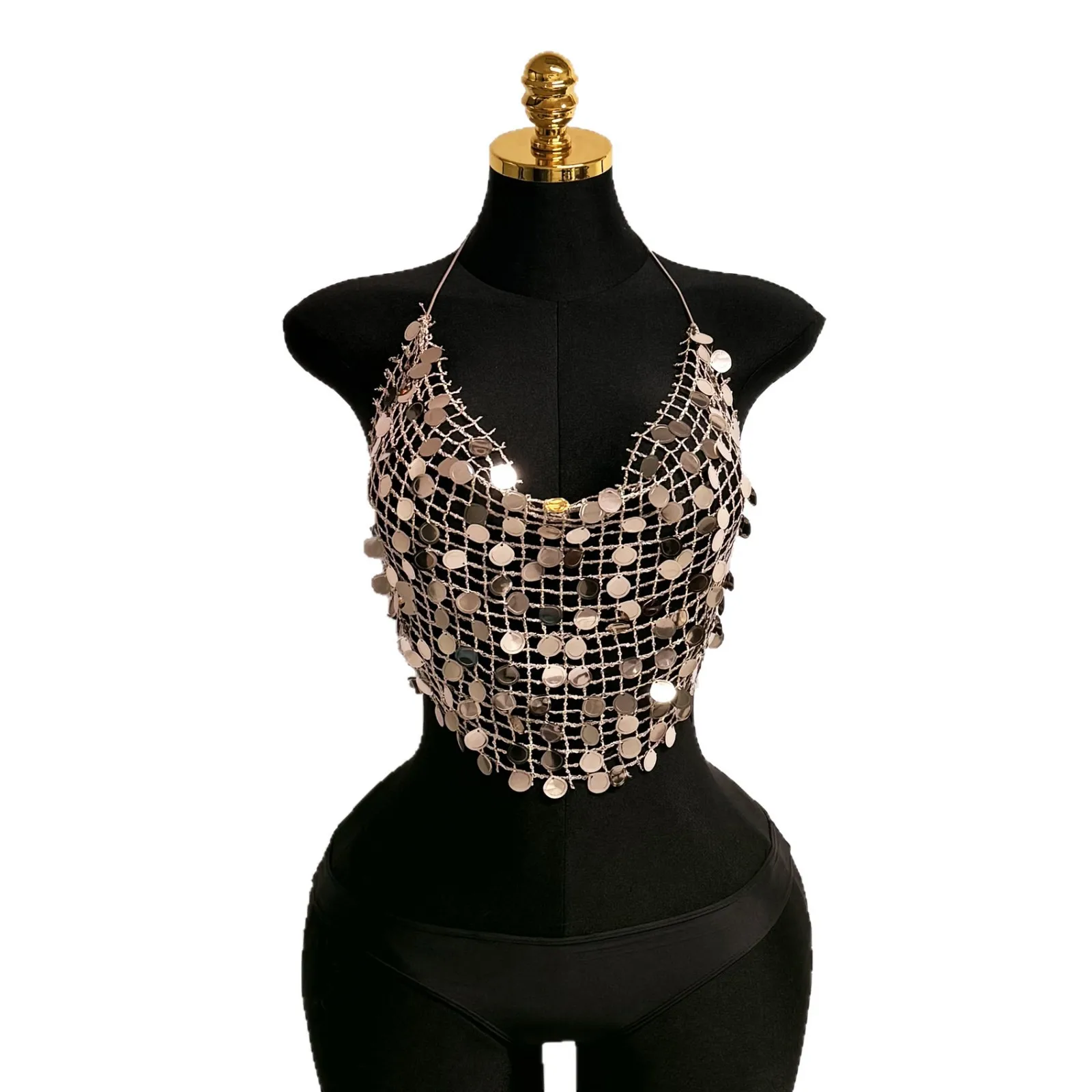 

New sequined suspender hot-selling top, music festival wear Spice Girl outfit stretch lace-up handmade clothes