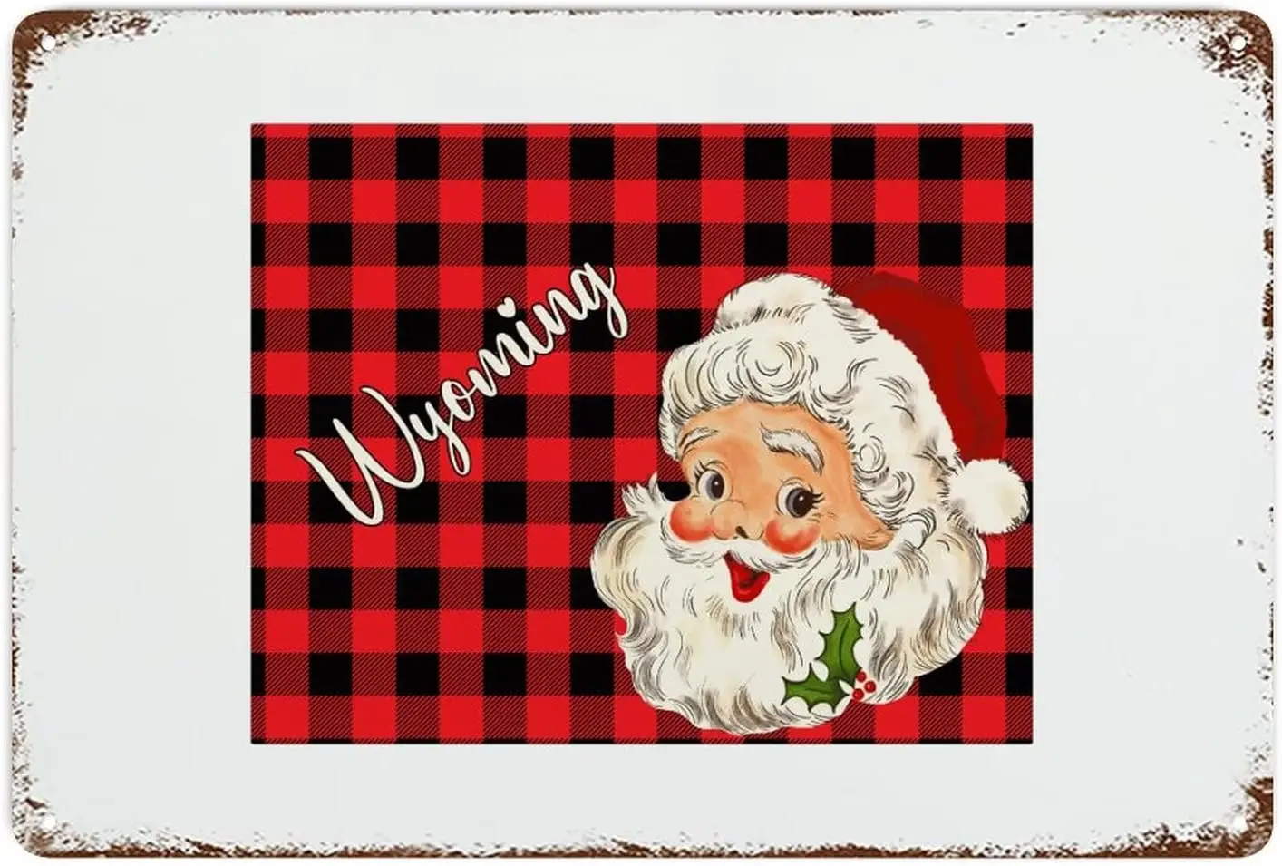 Retro Metal Signs Wyoming State with Santa Claus Red Buffalo Plaid Metal Tin Sign Poster Decorative Long Distance Sign Metal Vin