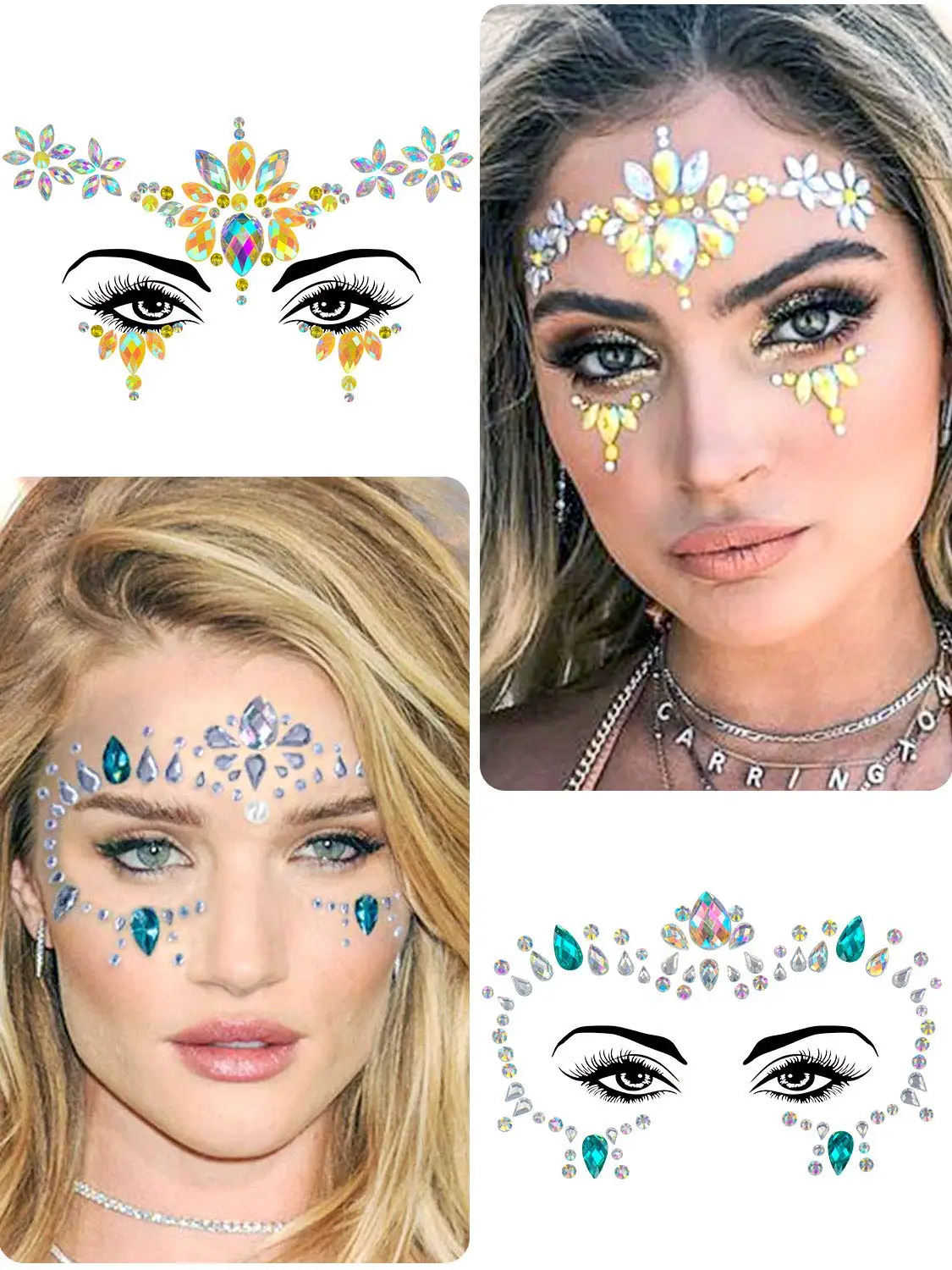 8pcs Face Festival Stickers 3D Diamond Temporary Tattoo Kids Show Makeup Halloween Party DIY Face Jewelry Tattoo Decoration