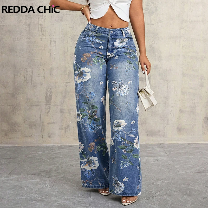 

ReddaChic Women Blooming Wide Leg Jeans Bohemian Floral Print Aesthetic Distressed Loose Fit Casual Pants Vintage Streetwear