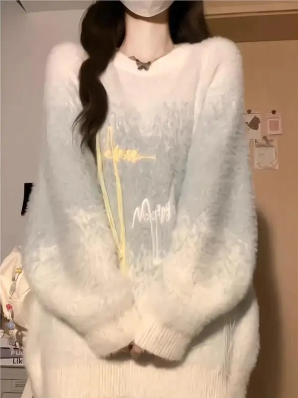 

Женский вязаный свитер из искусственной норки, теплый длинный све, круглый топ Ne для осени и зимы, повседневный корейский слэ