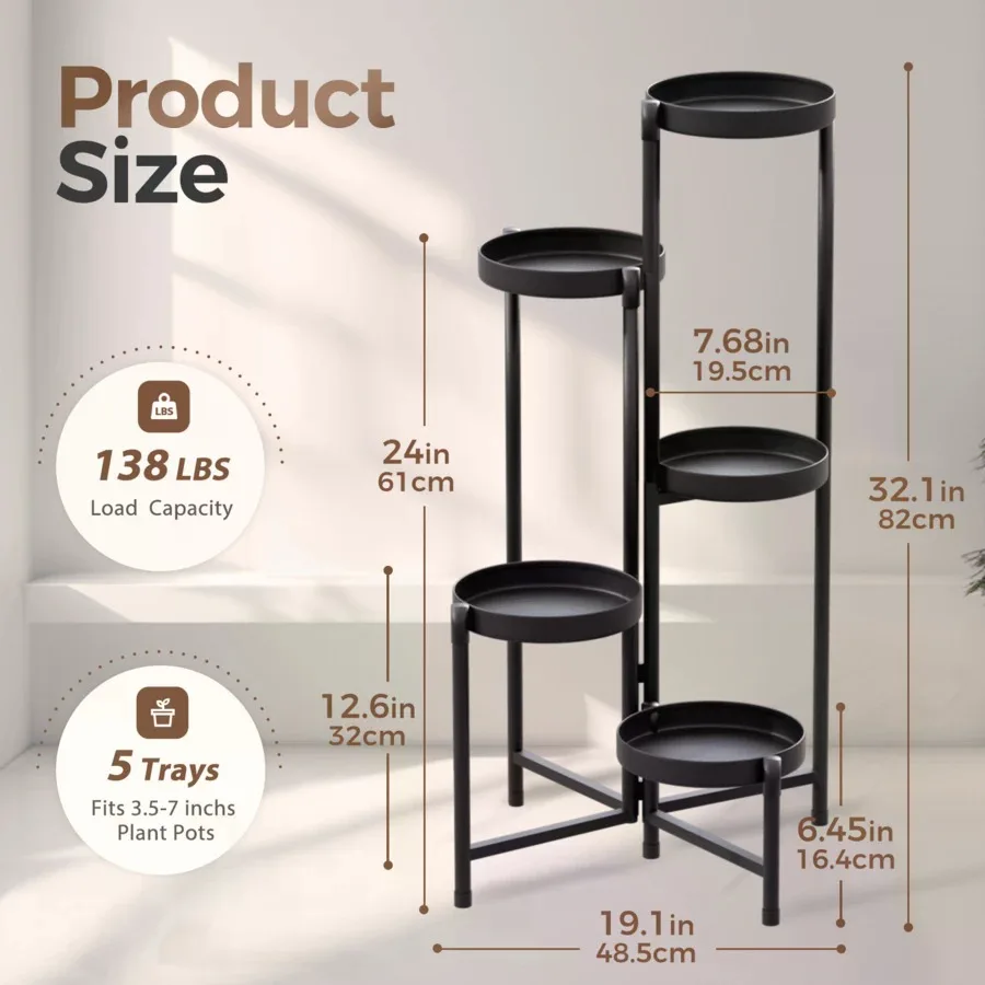 Stand Indoor Outdoor Foldable 5 Tier Metal Plant For Multiple Plants, Corner Tiered Heavy Duty Plant Shelf For Patio Garden Balcony Living Room Bedroom