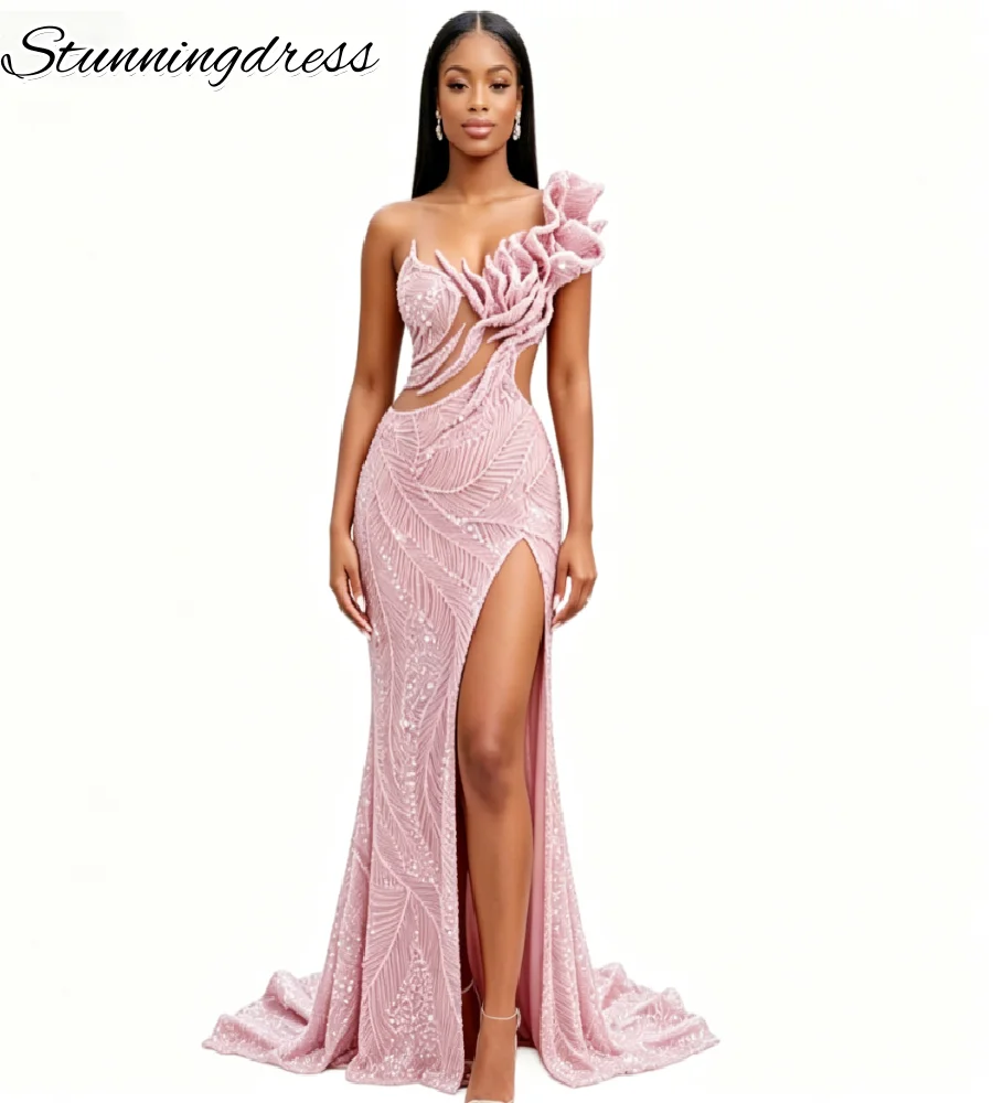 

Dusty Pink One Shoulder Prom Dress 2026 Cut Out High Slit Evening Gowns Sparkly Sequins Crystal Aso Ebi Birthday Party Formal