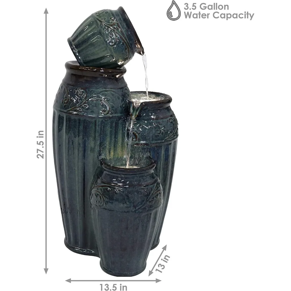 Tour de Vase Ceramic 27-Inch Outdoor Water Fountain - LED Lights - Electric Submersible Pump with Adjustable Flow