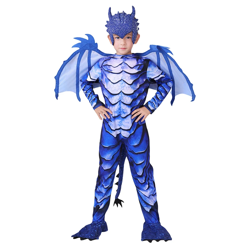 The Frost Dragon Knight Jumpsuit Wing Tail Cosplay Anime Party Carnival Festival Halloween Costume for Kid Masquerade Mask