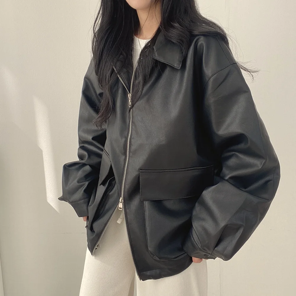Women Casual Faux Leather Short Jackets Y2k Drawstring Hem Turn Down Collar Long Sleeves Dual Zipper Loose Jacket 2025 Autumn - Image 2