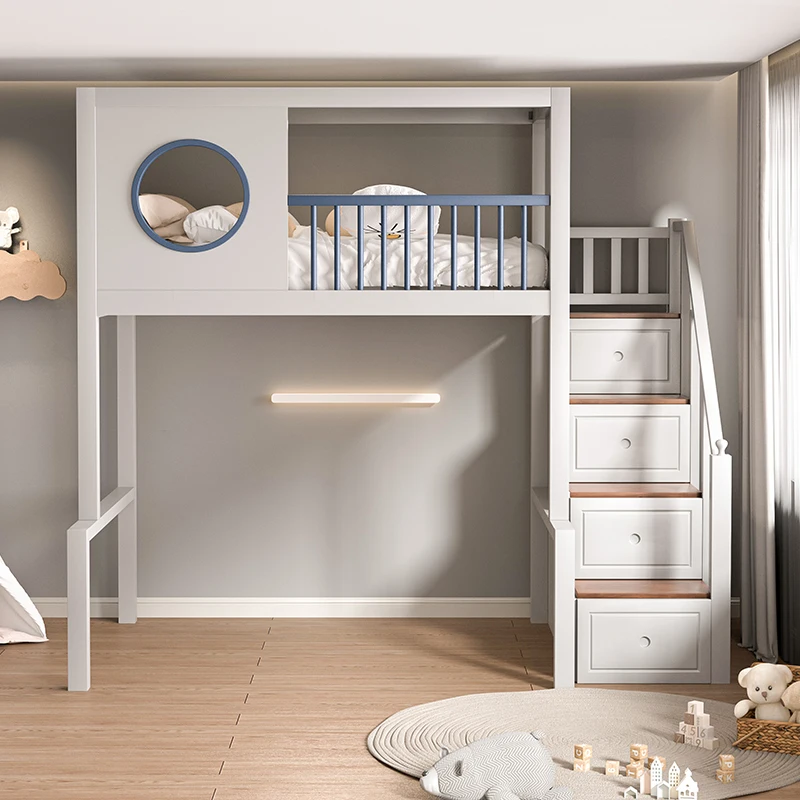 Children's bed overhang  under table combination empty wrought iron elevated  sheet upper duplex loft second floor