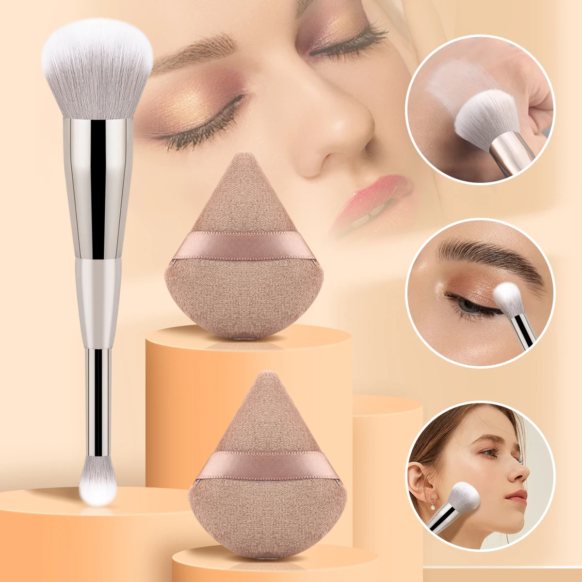 Un seul grand fard à joues en poudre, plus deux bouffées de poudre, brosse multifonctionnelle à double tête pour ombre à paupières, outil de maquillage pour le visage