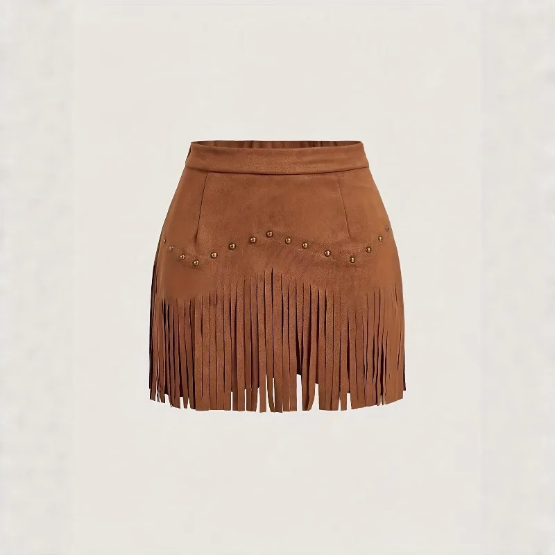 Women's Western Fringe High Waist Mini Skirt with Rivet Decor Faux Suede A-Line Short for Country Music Festival Party