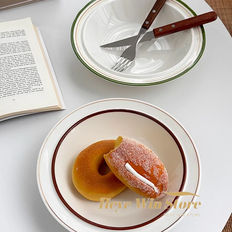 Korean Ins Retro Striped Line Ceramic One Person Small Soup Plate Rice Ceramic Bowl Round Household Porcelain Dinnerware Breakfa