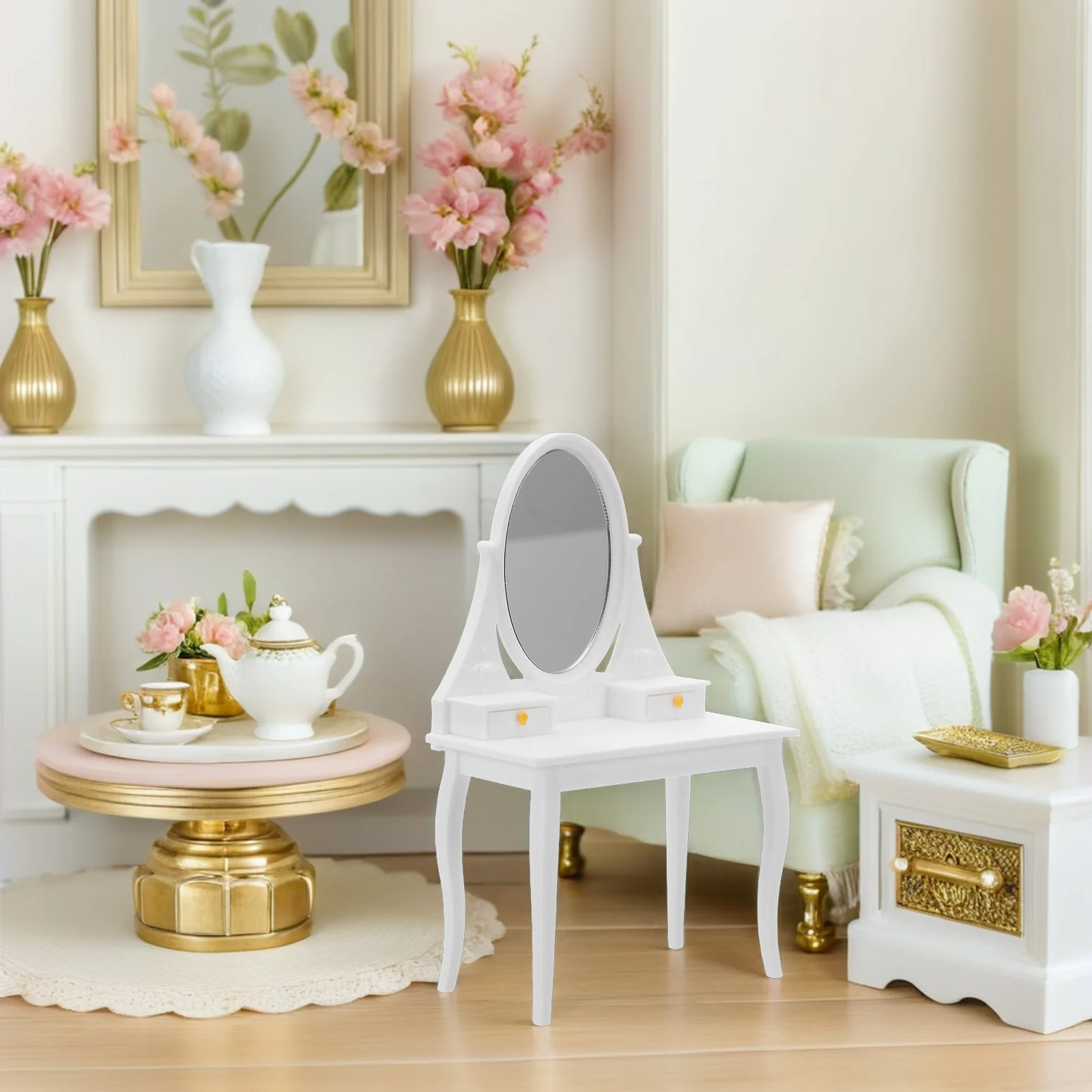 Mini-Kommode mit Spiegel: Realistischer Miniatur-Puppenhaus-Schminktisch im Vintage-Stil, Schlafzimmermöbel für Kinder, Spielset, Puppenhaus