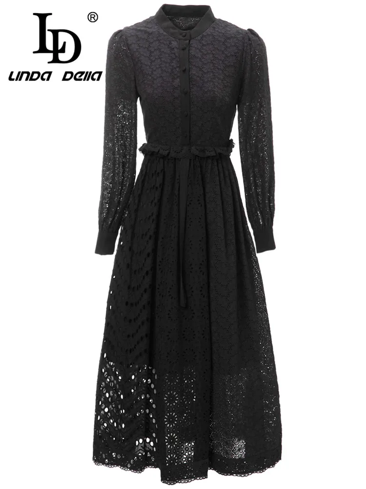 

LD LINDA DELLA New Style Cheap Vintage Designer Dress Women Black Splice long sleeve Embossed hollow Single-breasted Party Dress