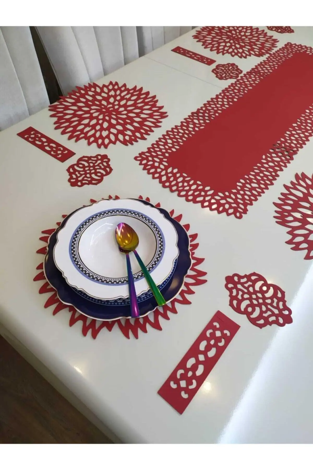 19-Piece Red Faux Leather Tablecloth and Placemat Set | Modern Presentation Set | Includes Runners, Placemats, and