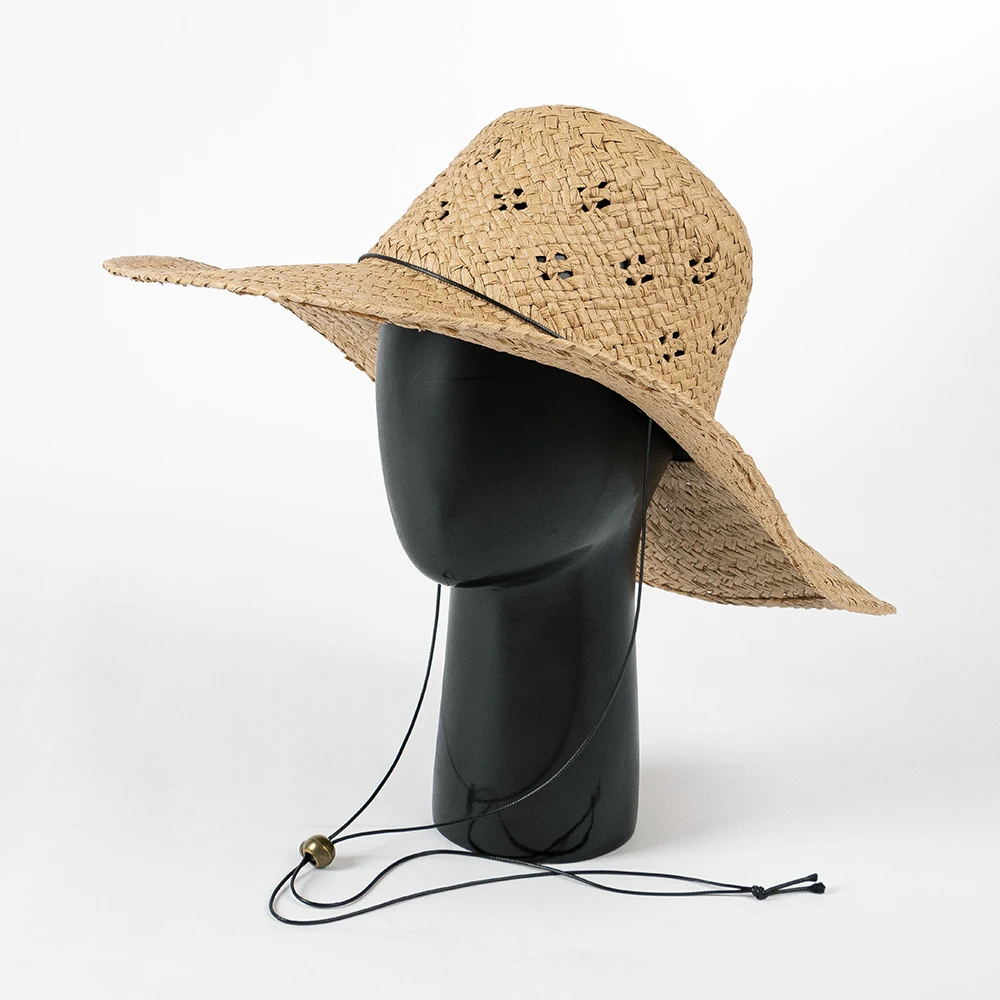 100% Paper Straw Hand Weaved Pattern Style Floppy Straw Hat Wide Brim Straw Hat With String