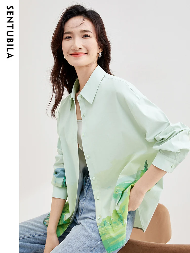 SENTUBILA Contrast Printed Fashion Shirts for Women 2024 Casual Loose Fit Drop Sleeve Button Up Shirts & Blouse Cotton Blend Top