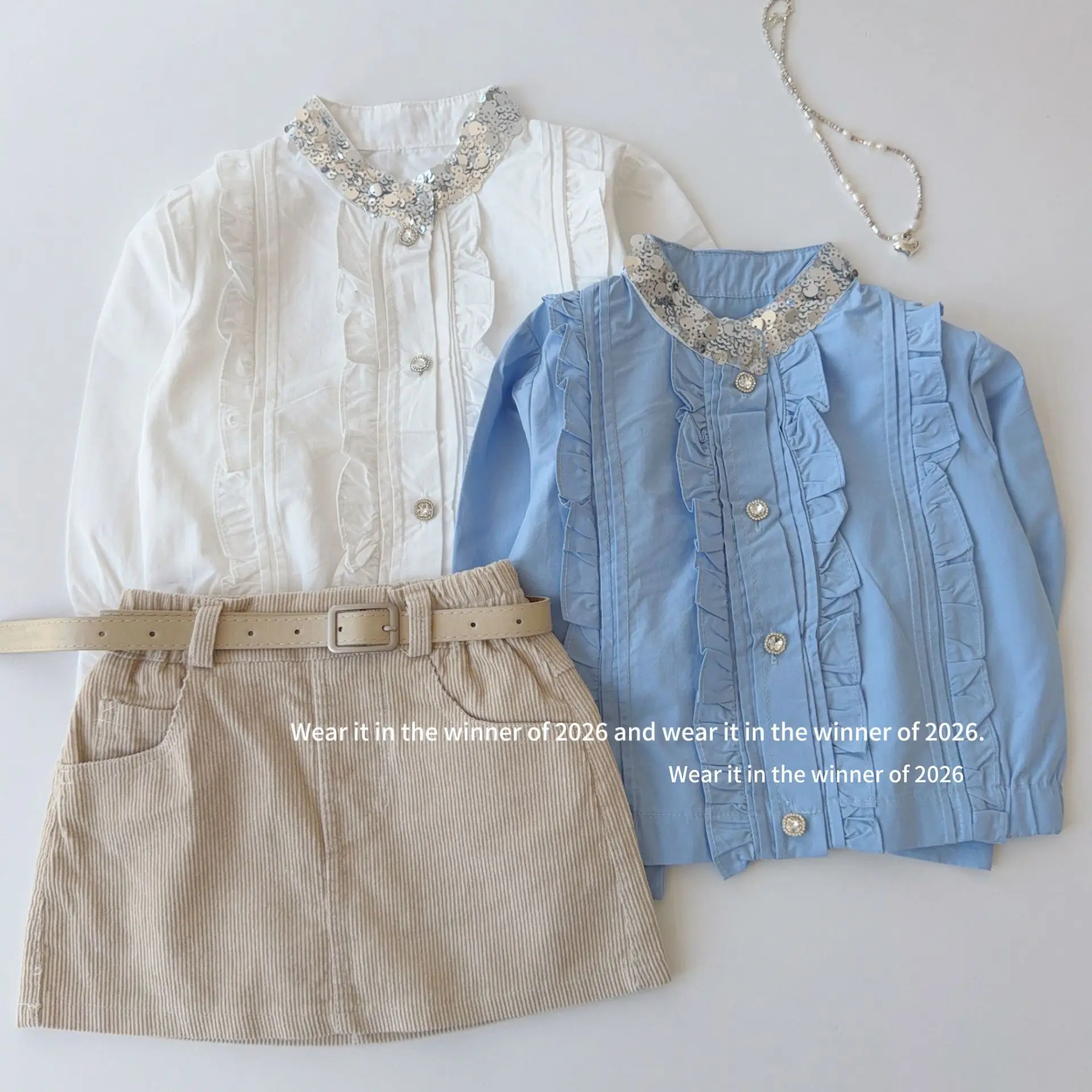Girls' French Retro Style Sequin Stand Up Collar Long Sleeved Shirt Girls Fungus Edge Splicing Sweet Lace Versatile Top