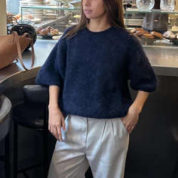 Women's Spring Autumn Y2K Vintage Loose Knitted Sweaters Half Sleeve Round Neck Solid Color Casual Cropped Pullover Tops