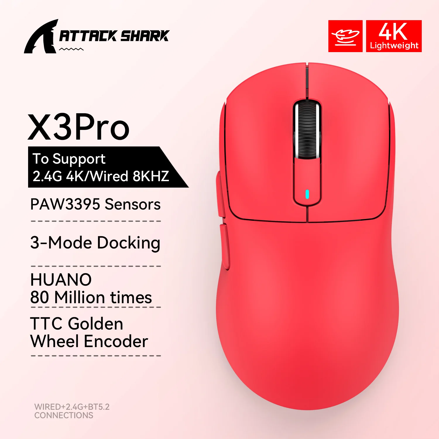 Atack Shark X3 PAW3395 Mouse Lightweight Wireless Gaming Mouse,Tri-Mode  Mouse,26K DPI PAW3395,PC/Laptop/Win/Mac