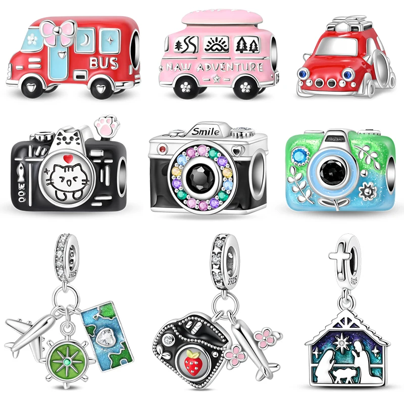 Mode 925 Sterling Silber Rot Bus Tourist Auto Kamera Charms Anhänger Fit Original Armband Charms DIY Reise Souvenir Schmuck